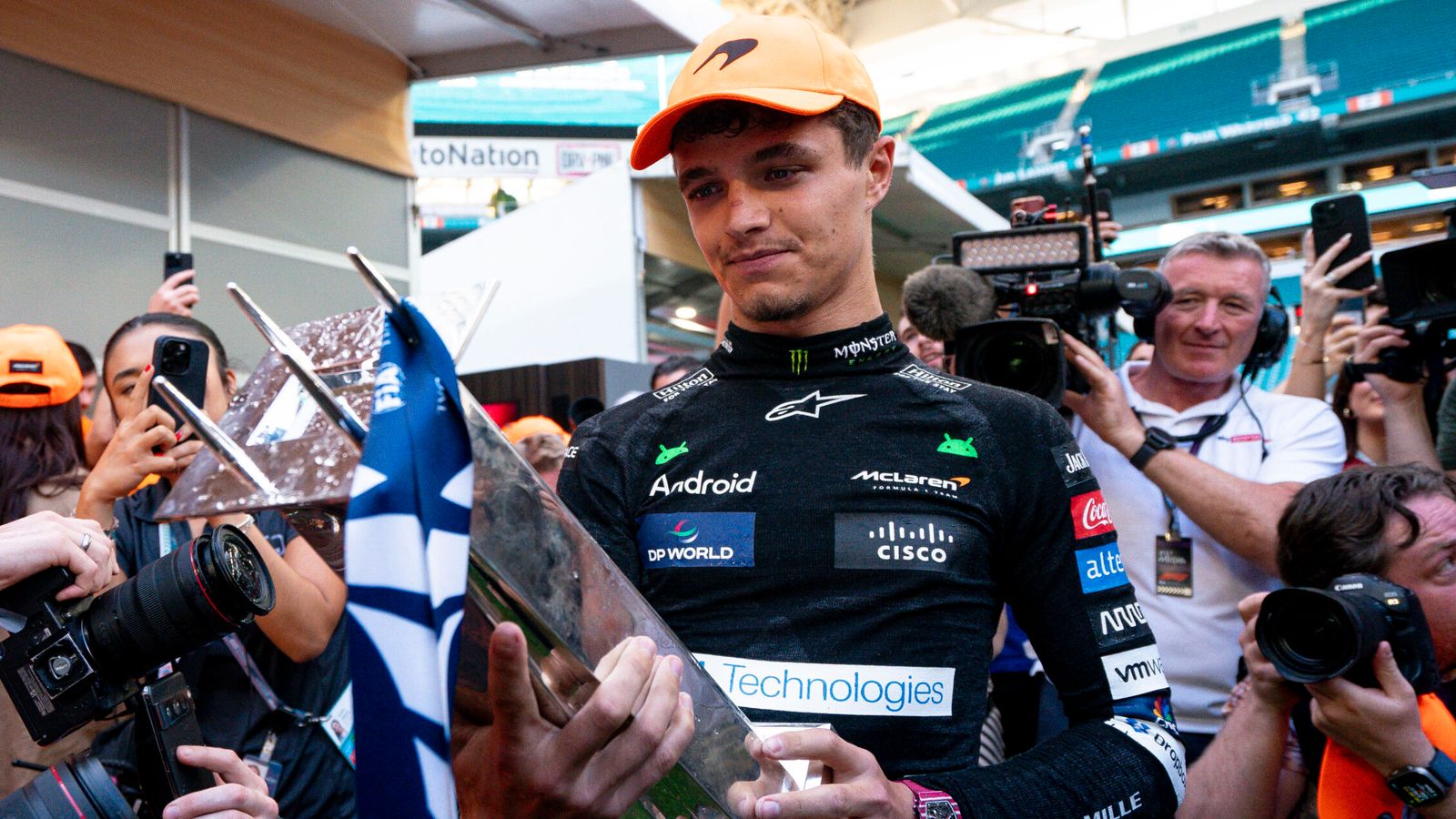 May 5, 2024, Miami, United States: British driver LANDO NORRIS (McLaren F1 Team) celebrates with his team after winning the 2024 FIA Formula 1 Miami Grand Prix at Miami International Autodrome in Miami, United States. (Cal Sport Media via AP Images)