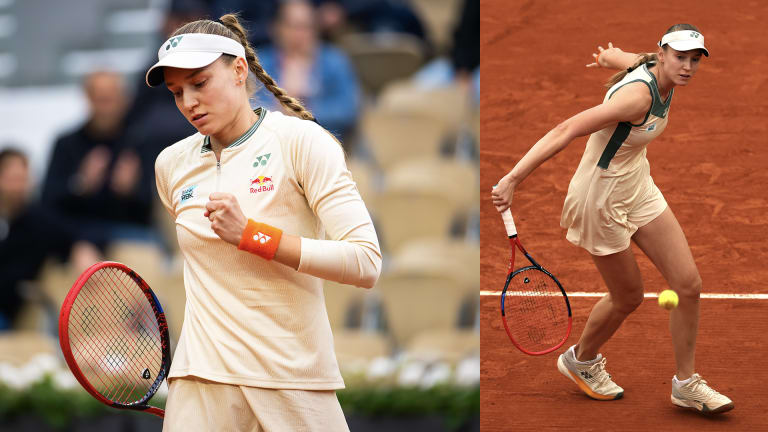 Rybakina ljulja novu Yonex haljinu u krem boji sa spaljenom narandžastom i maslinastom bojom.