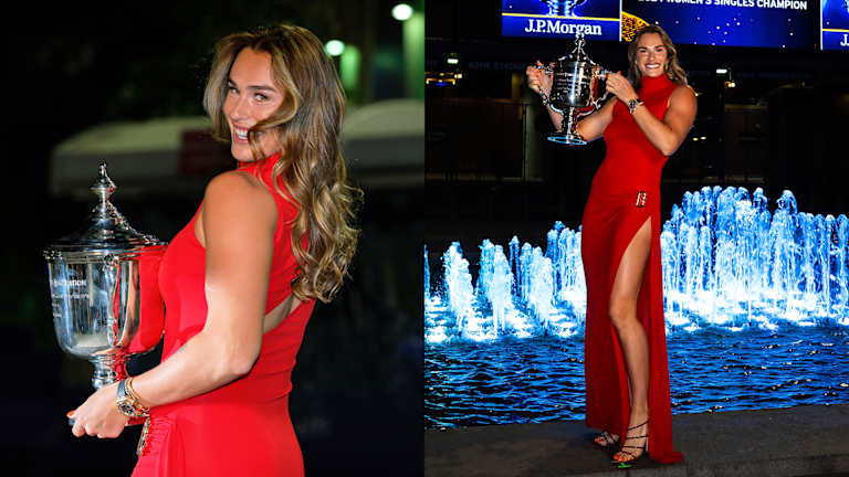 Sabalenka je zauzet posle meča itinerer uključen fotografisanje sa Otvoreno prvenstvo trofeja.