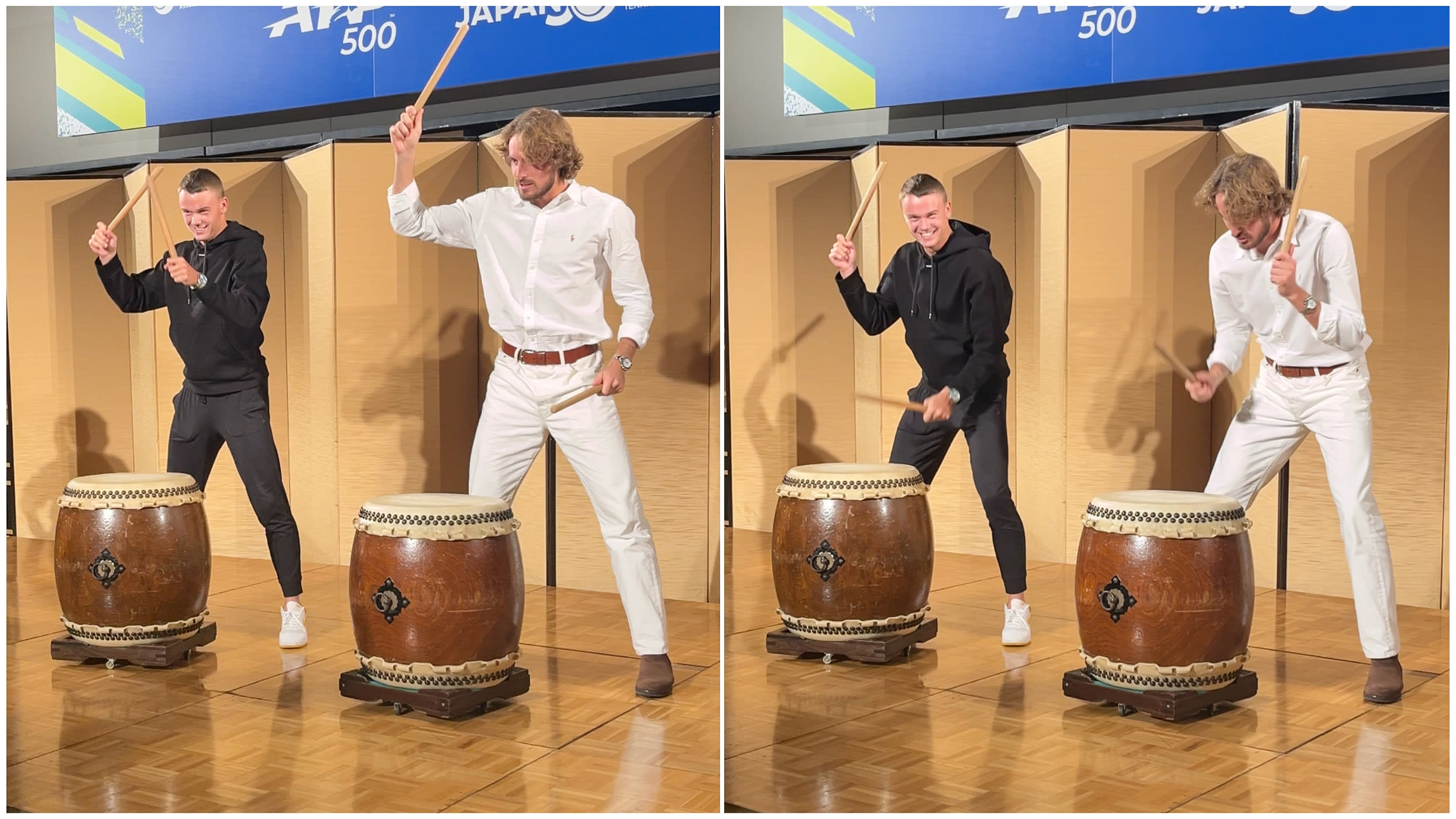 Holger Rune, Stefanos Tsitsipas osećaju ritam na Taiko bubnjevima na zabavi igrača u Tokiju