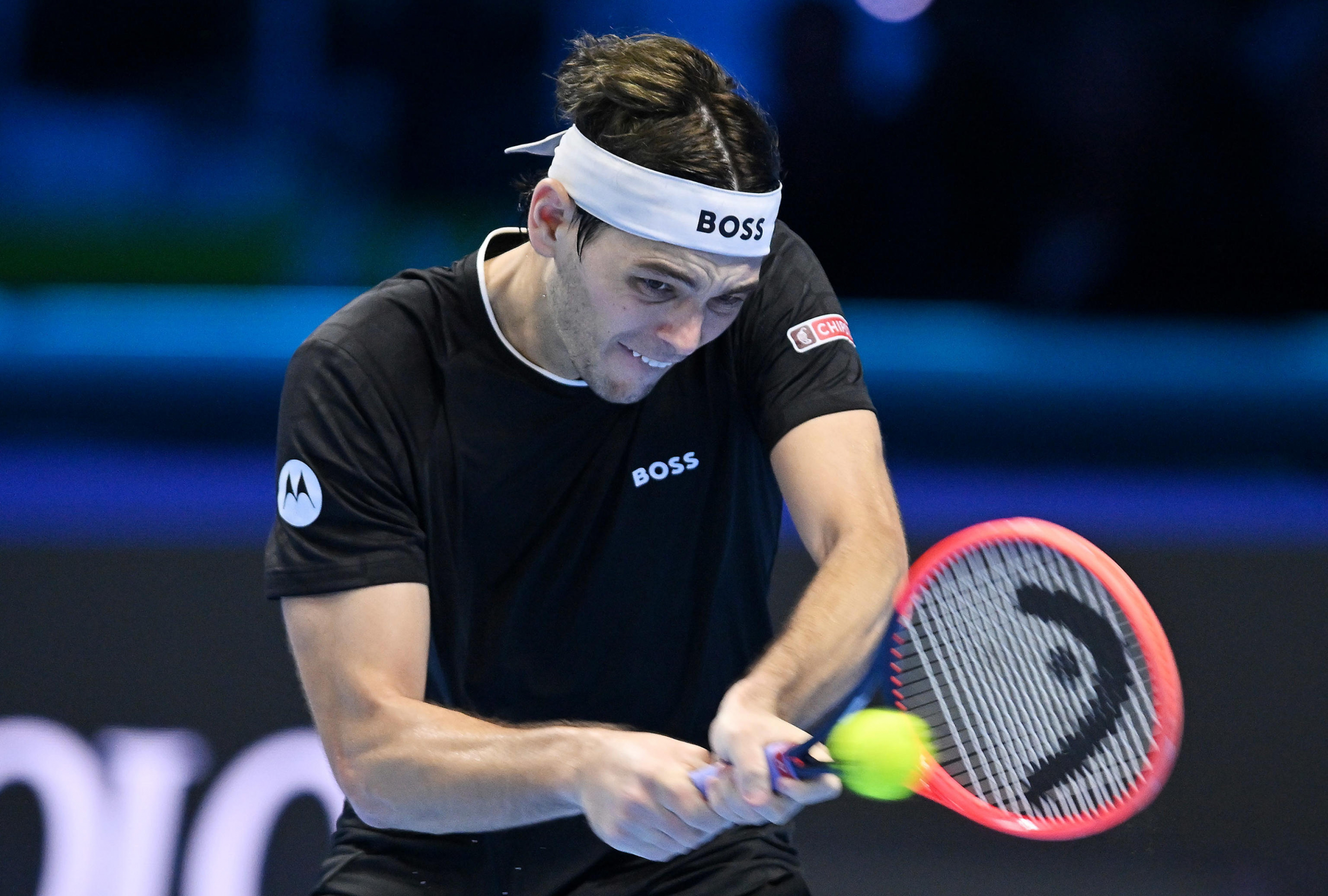 Torino (Italija), 10/11/2024.- Tejlor Fric iz SAD igra svoj prvi meč protiv Daniila Medvedeva iz Rusije tokom ATP finala 2024. u Torinu, Italija, 10. novembra 2024. godine. (Tenis, Italija, Rusija) EFE/EPA/Alesandro Di Marko