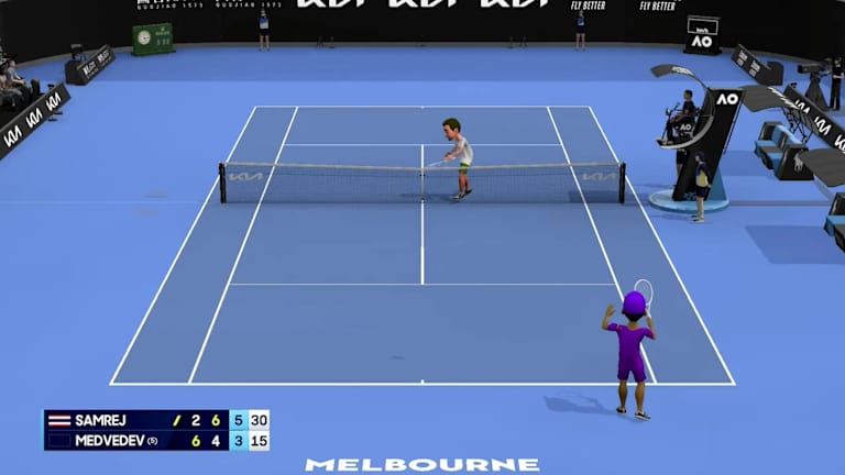 Digitalni avatar Danila Medvedeva razbija reket protiv neto kamere na animiranom live streamu Otvorenog prvenstva Australije.