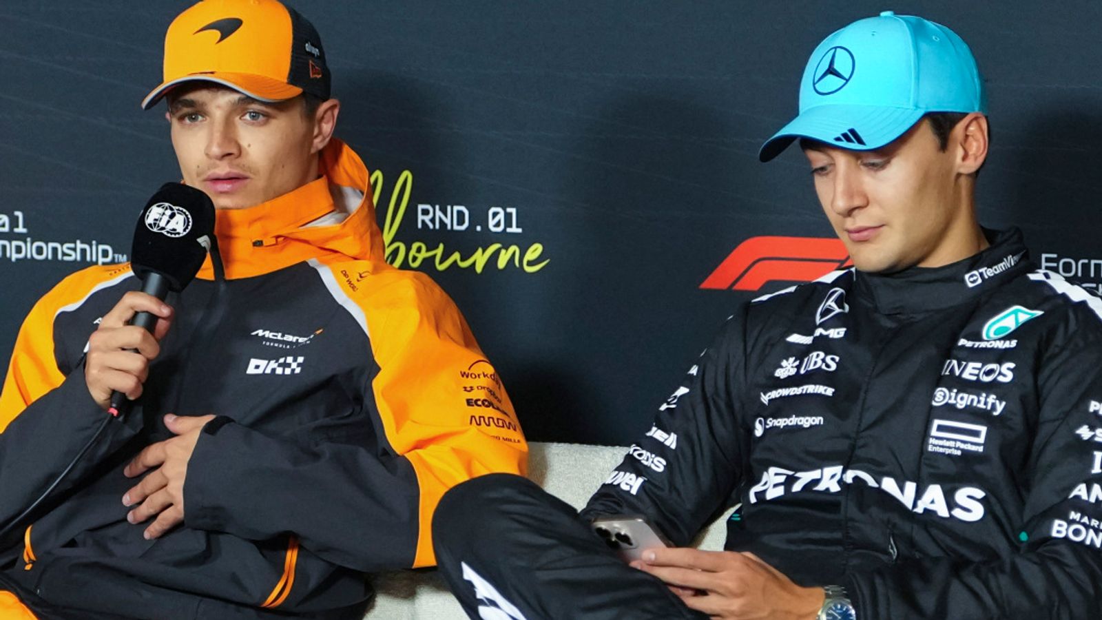 Lando Norris and George Russell in the post-race press conference after finishing on the podium in the Australian GP