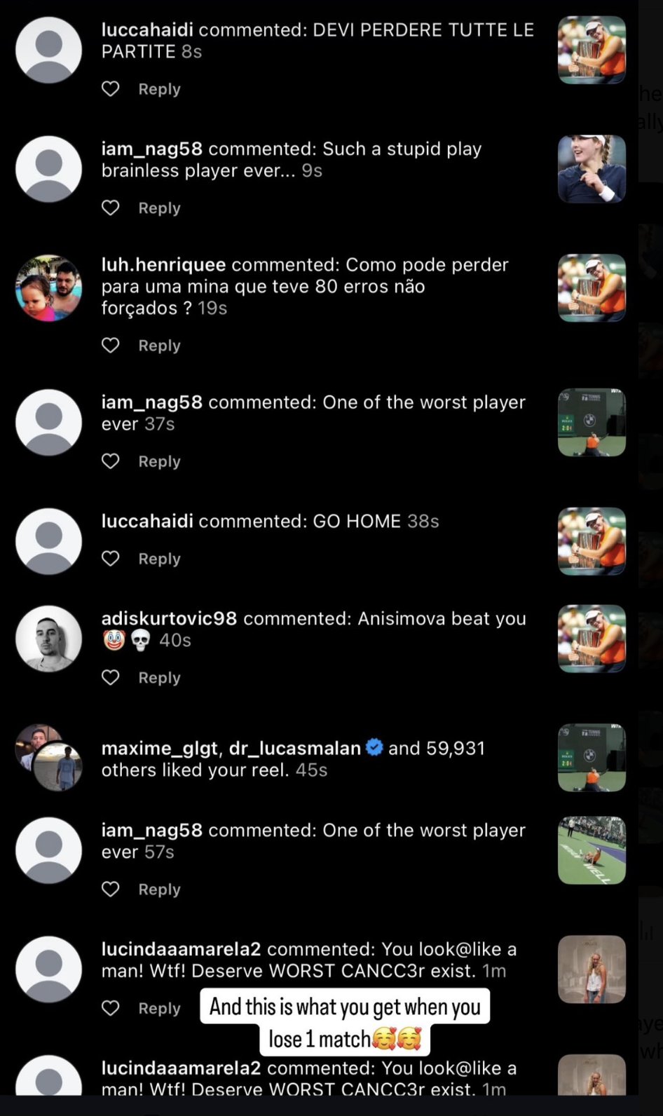 Andreeva Instagram snimak ekrana.