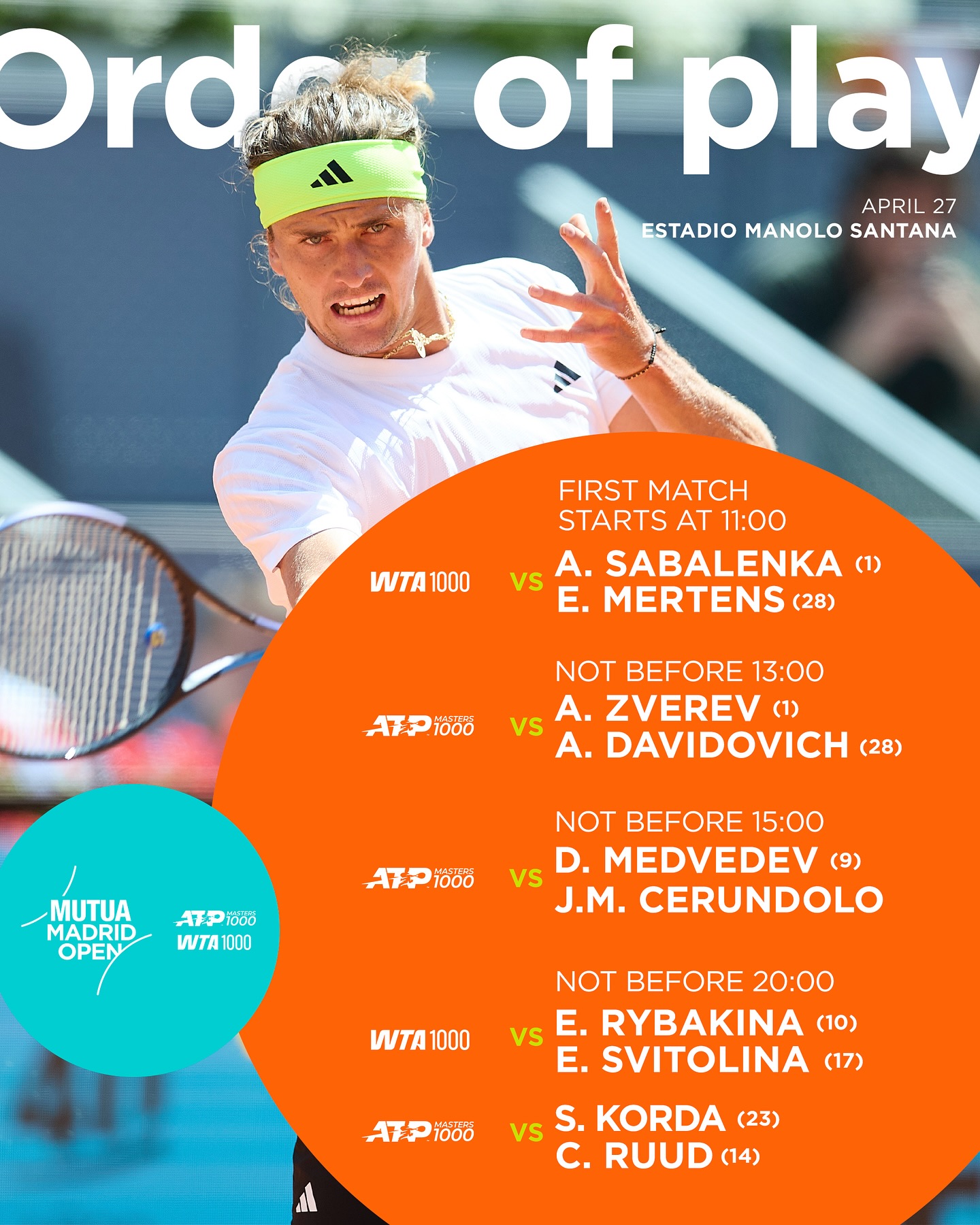 Mutua Madrid Open, mečevi 27. aprila.