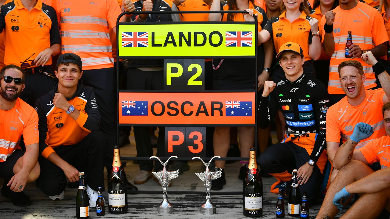 Lando Norris and Oscar Piastri among the McLaren team photo after they finished second and third at the Italian GP