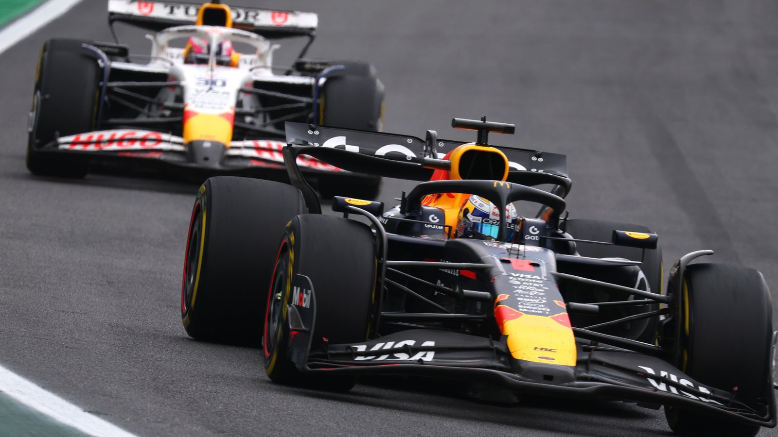 Max Verstappen ahead of Liam Lawson in the Sao Paulo GP
