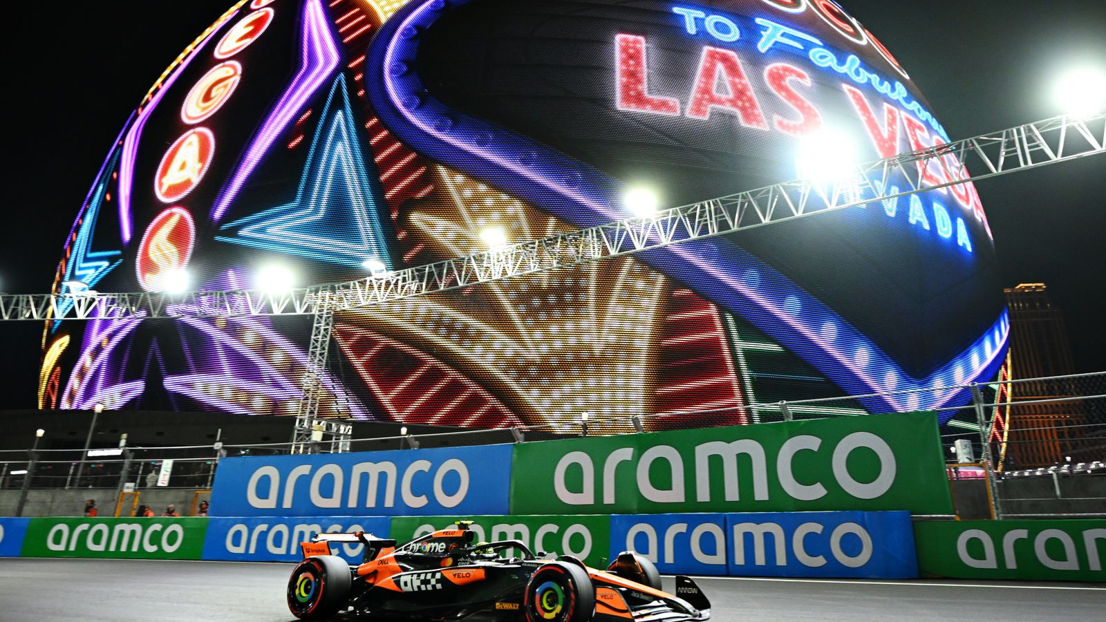 Lando Norris on track passing Las Vegas