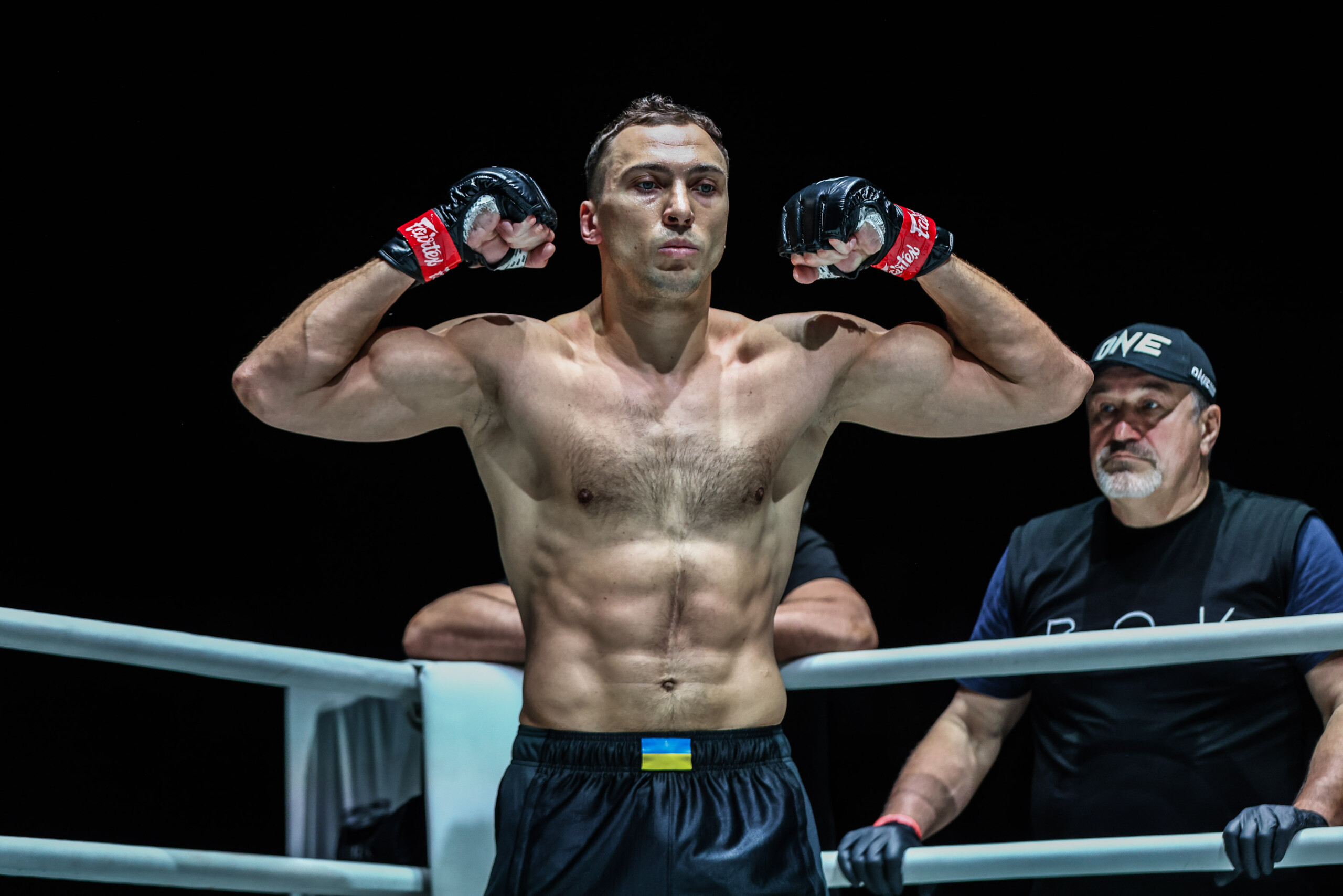 Kickboxing star Roman Kryklia flexes in the ring
