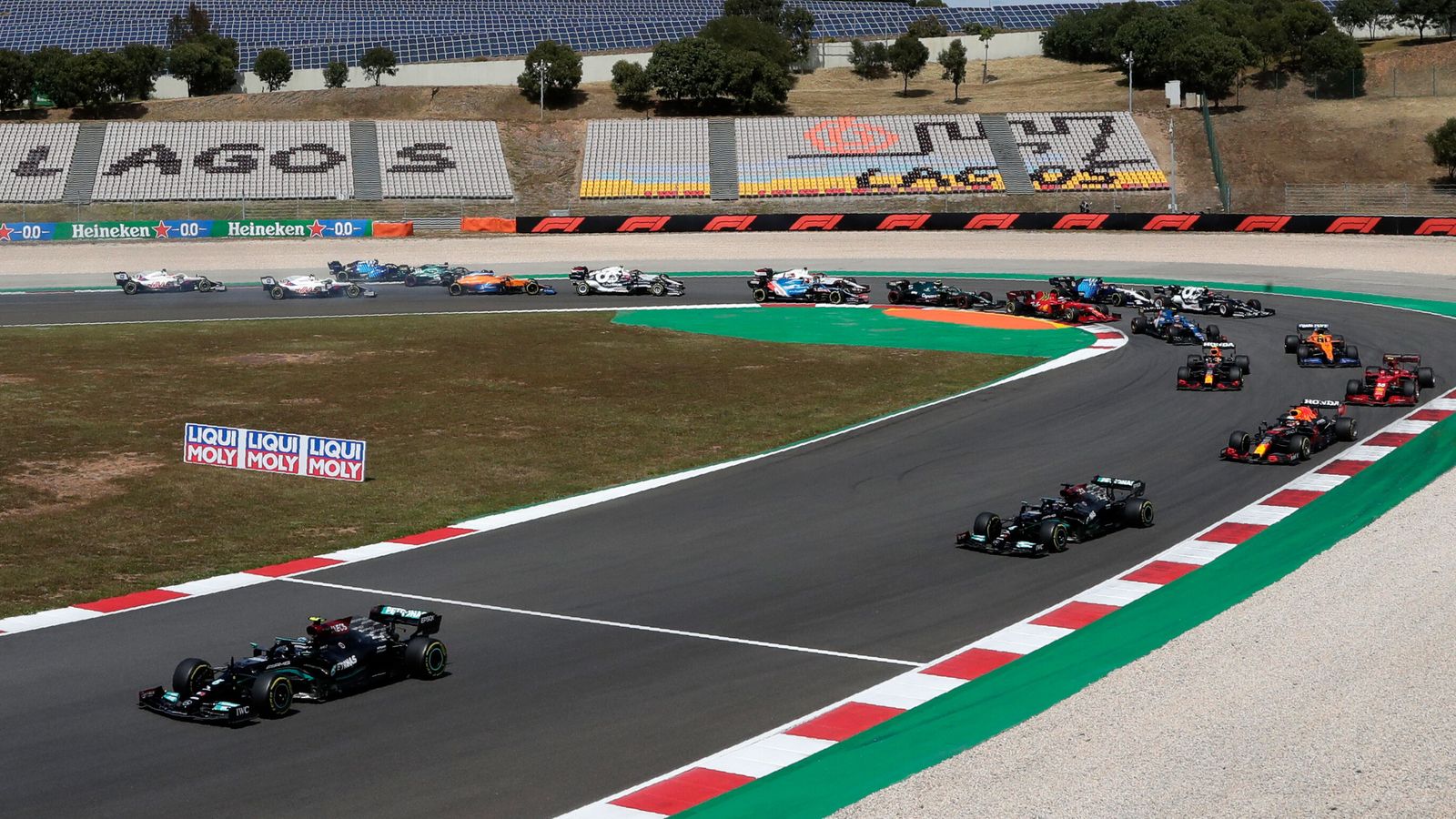 Valtteri Bottas leads at the start of the 2021 Portugal Grand Prix at the Algarve International Circuit