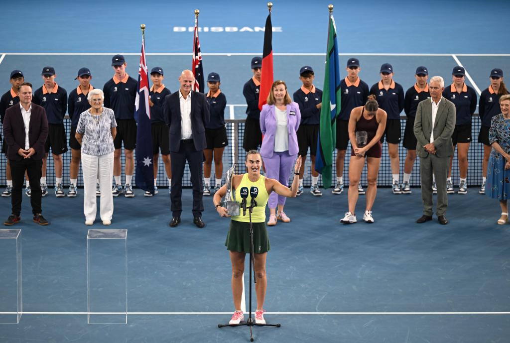 Arina Sabalenka, tokom svog govora kao VTA 500 šampion u Brisbaneu.