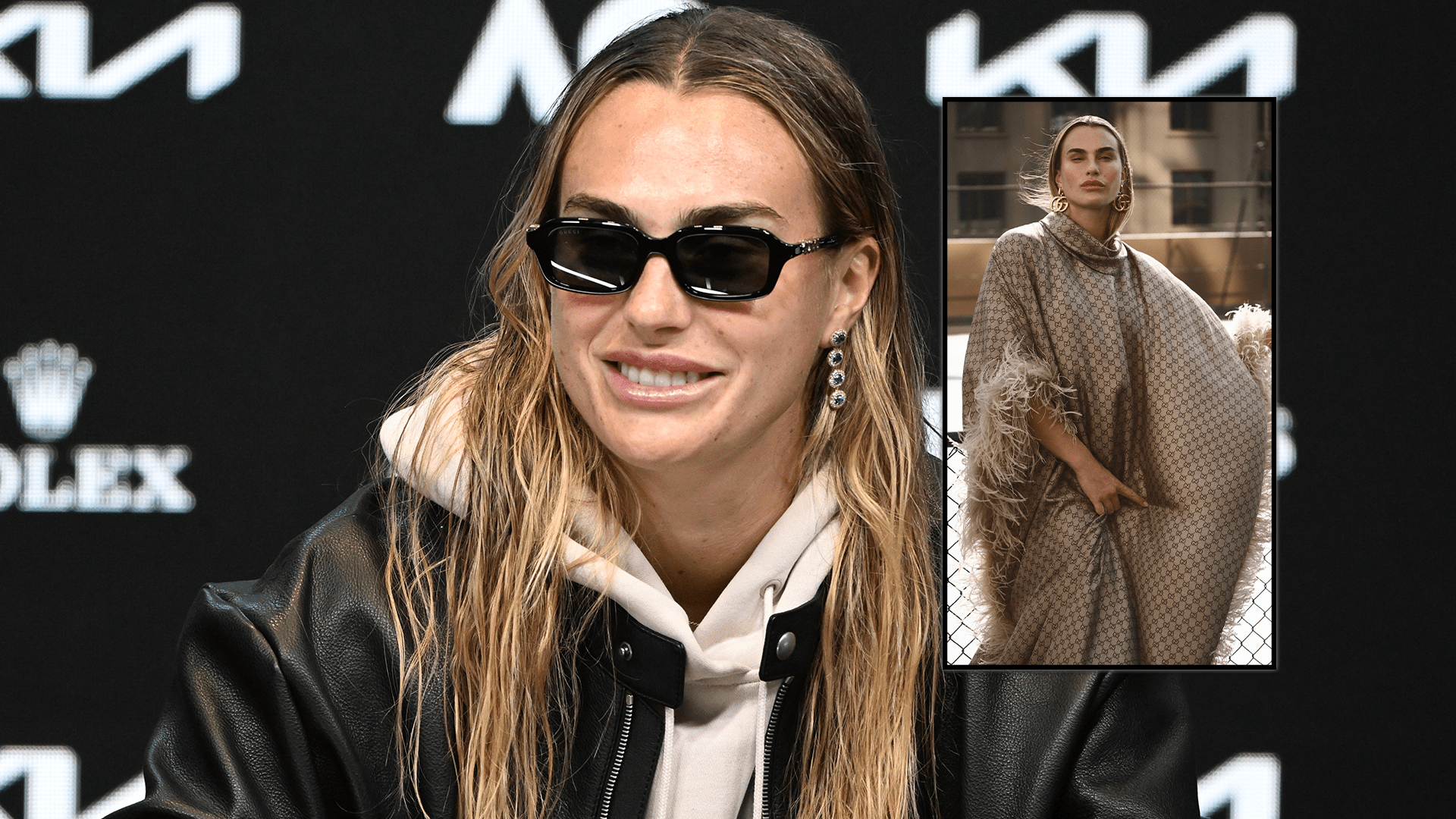 U šik sunčanim naočarima, Arina Sabalenka govori o Guccijevom partnerstvu, zadirkuje saradnju na terenu na Australian Openu