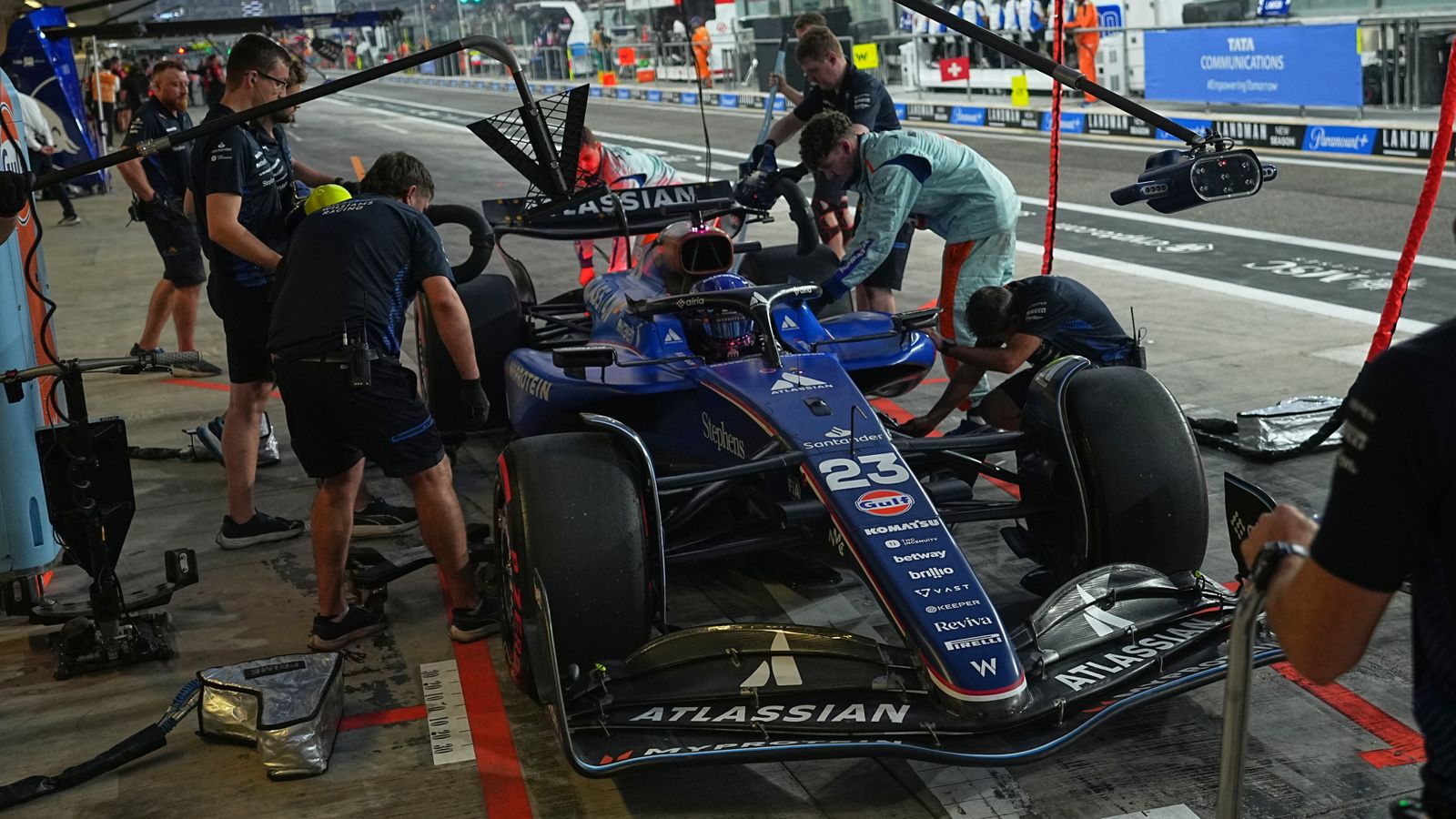 Williams driver Alexander Albon of Thailand makes a pit stop during the second practice for the he Abu Dhabi Formula One Grand Prix in Abu Dhabi, United Arab Emirates, Friday, Dec. 5, 2025. (AP Photo/Fatima Shbair)