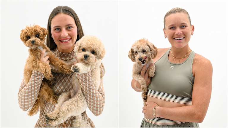 Dodatni rekviziti za Vilson 360 sportista Marta Kostiuk i Peiton Stearns za pružanje posadi sa serotonin pojačanja nakon što su doveli svoje krznene prijatelje zajedno.