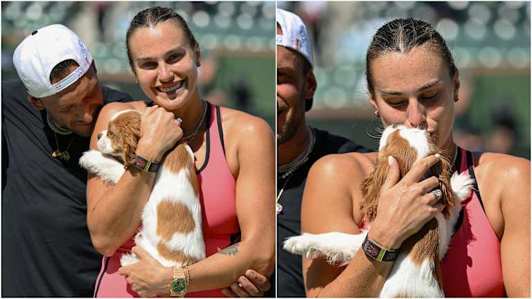 Ash se vratio za timske fotografije, zajedno sa Sabalenkinim novopečenim verenikom Georgiosom Frangulisom.