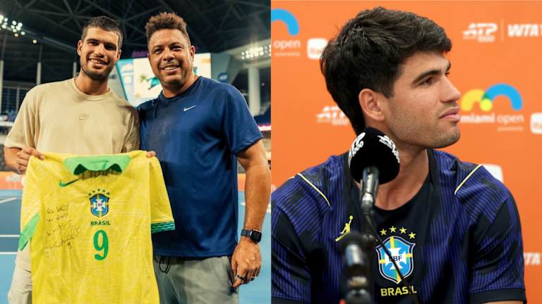 Na slici ovde sa fudbalskom legendom Ronaldom, Alkaraz proširuje svoju kolekciju brazilskih majica u Majamiju.