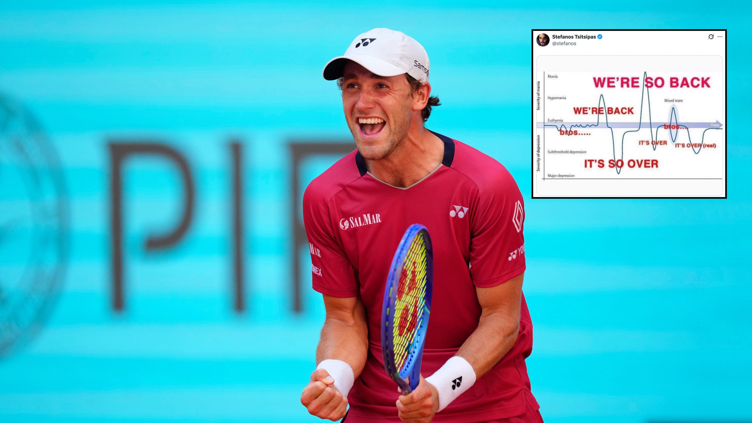 Kasper Ruud čuva dve meč lopte da sruši Stefanosa Cicipasa, koji sumira madridsku agoniju sa memom