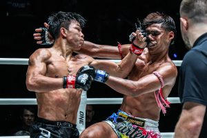Dedduanglek Torfunfarm lands a uppercut on Cyber Sor Tienpo at ONE Friday Fights 153