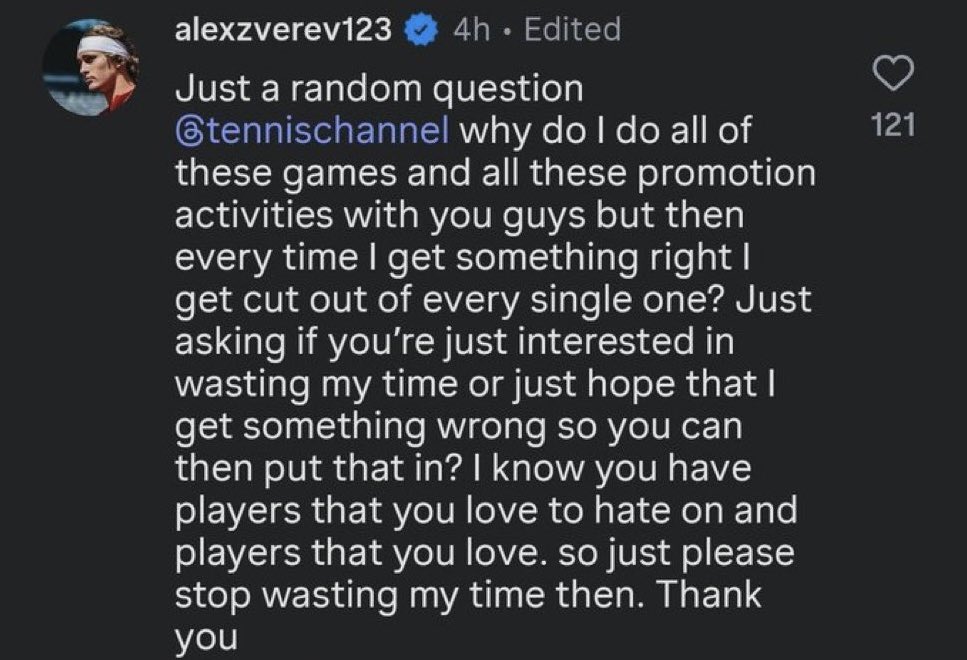 Zverevova poruka Tennis Channelu.
