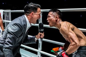 Nazareth “The Northstar” Lalthazuala celebrates his win with Mitch Chilson at ONE Friday Fights 157.