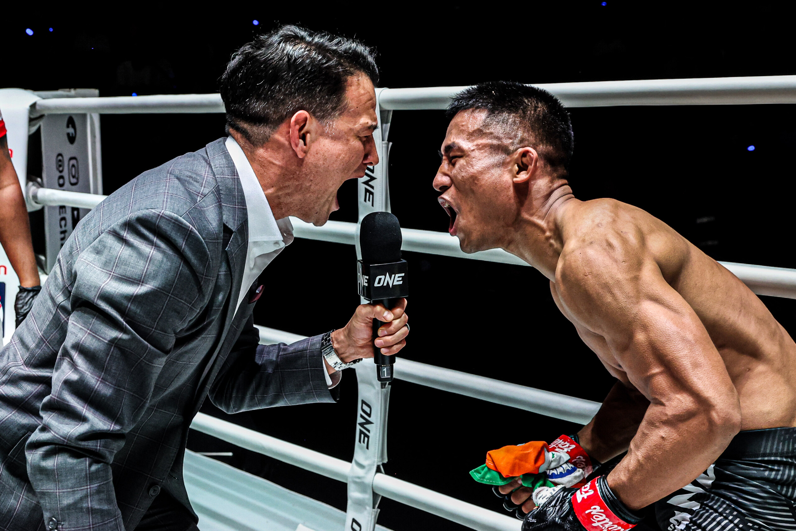 Nazareth “The Northstar” Lalthazuala celebrates his win with Mitch Chilson at ONE Friday Fights 157.
